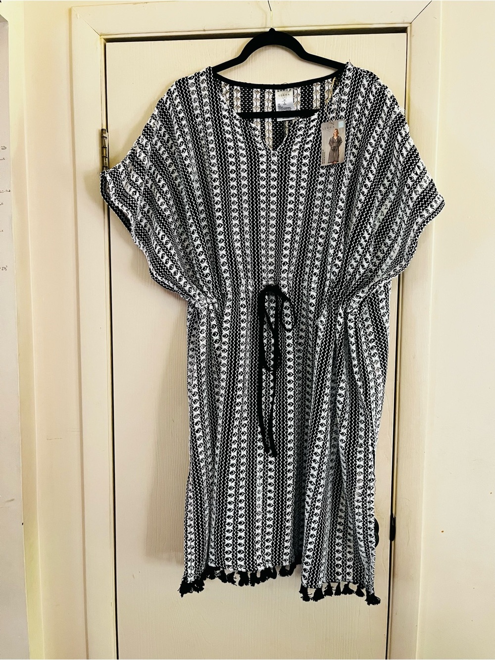 Serra Woven Boho Resort Fringe Hippie Festival Beach Caftan tassel Cover Up L